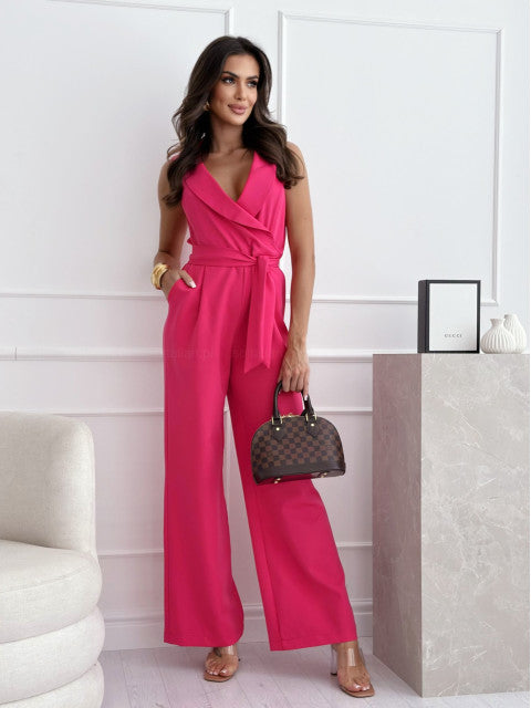Women's elegant jumpsuit with wrap look and waist belt, size