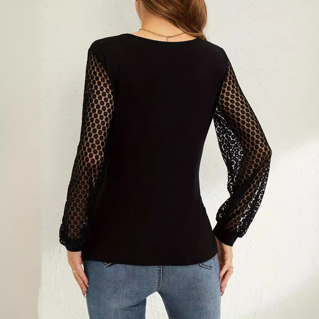 Valenzora | Spitzenlaternenärmel Locker Kreuz T-Shirt Top