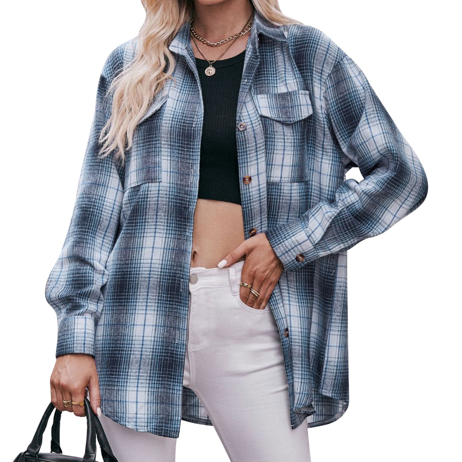 Women's checked shirt with button-up front design and casual knot detail, size Valenzora