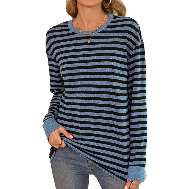 Bequemes Damen-Langarmshirt im Streifen-Design mit Rundhalsausschnitt, Größe