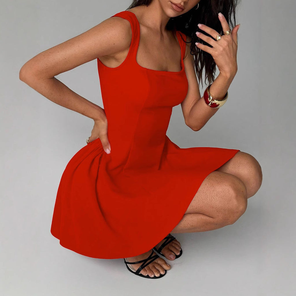Women's A-line dress with square neckline and swing skirt, size