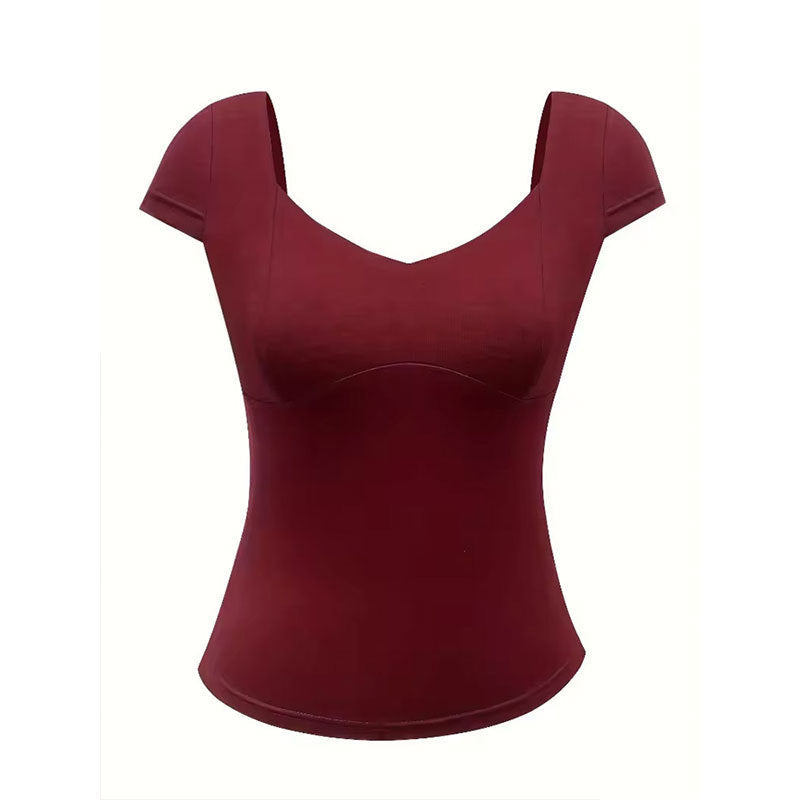 Women's top with a modern sweetheart neckline and chic cut, size S