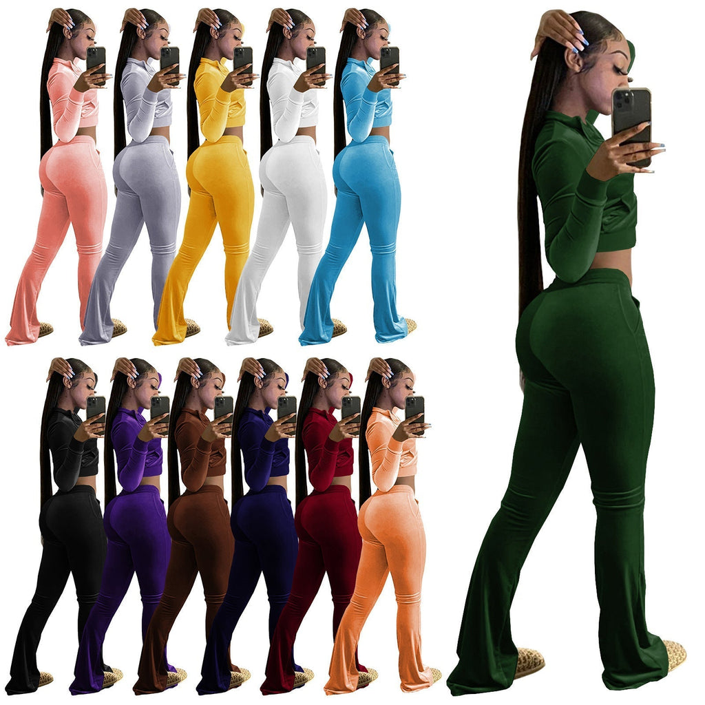 Women's velour tracksuit with zip front and wide-leg trousers, size