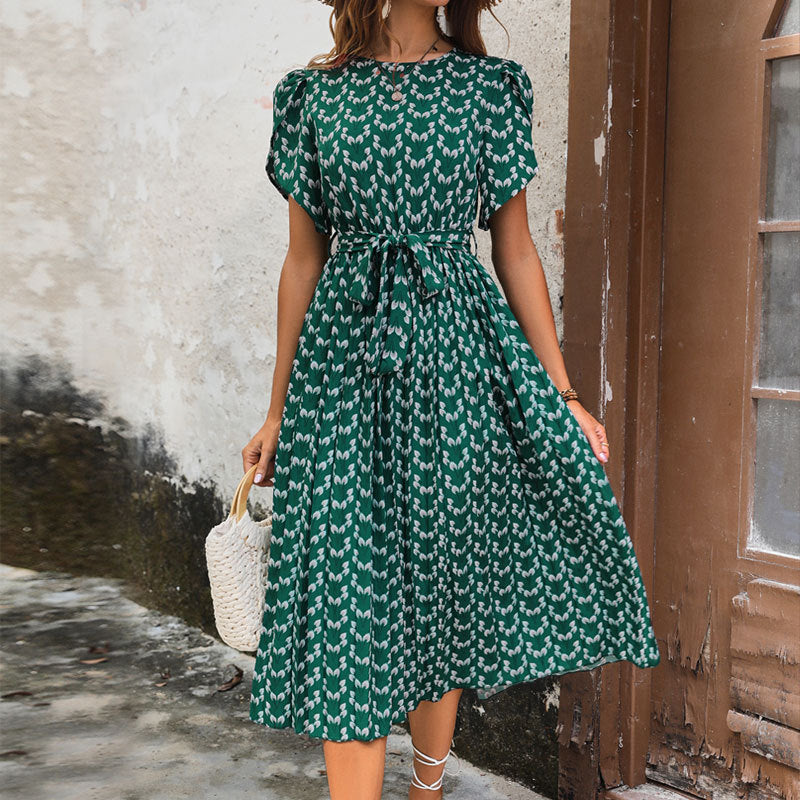 Women's midi dress with elegant ruffle details and tie-waist belt, size