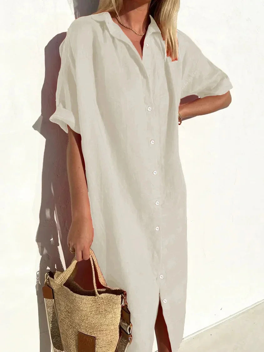 Valenzora | Button-up dress with wide neckline and narrow sleeves, elegant and relaxed, for women, cotton and linen dresses