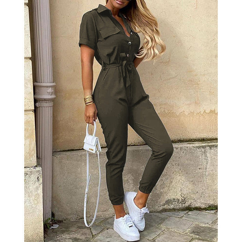 Women's figure-hugging short jumpsuit with button placket and adjustable belt, size S