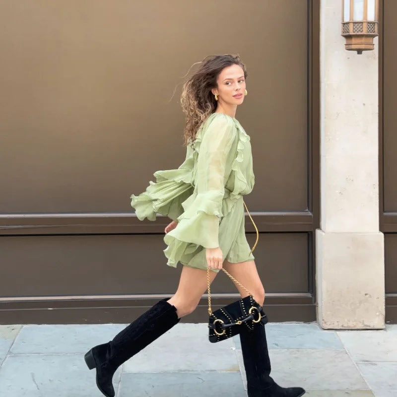 Damen fließendes Rüschenkleid mit langen Ärmeln und Stehkragen, Größe