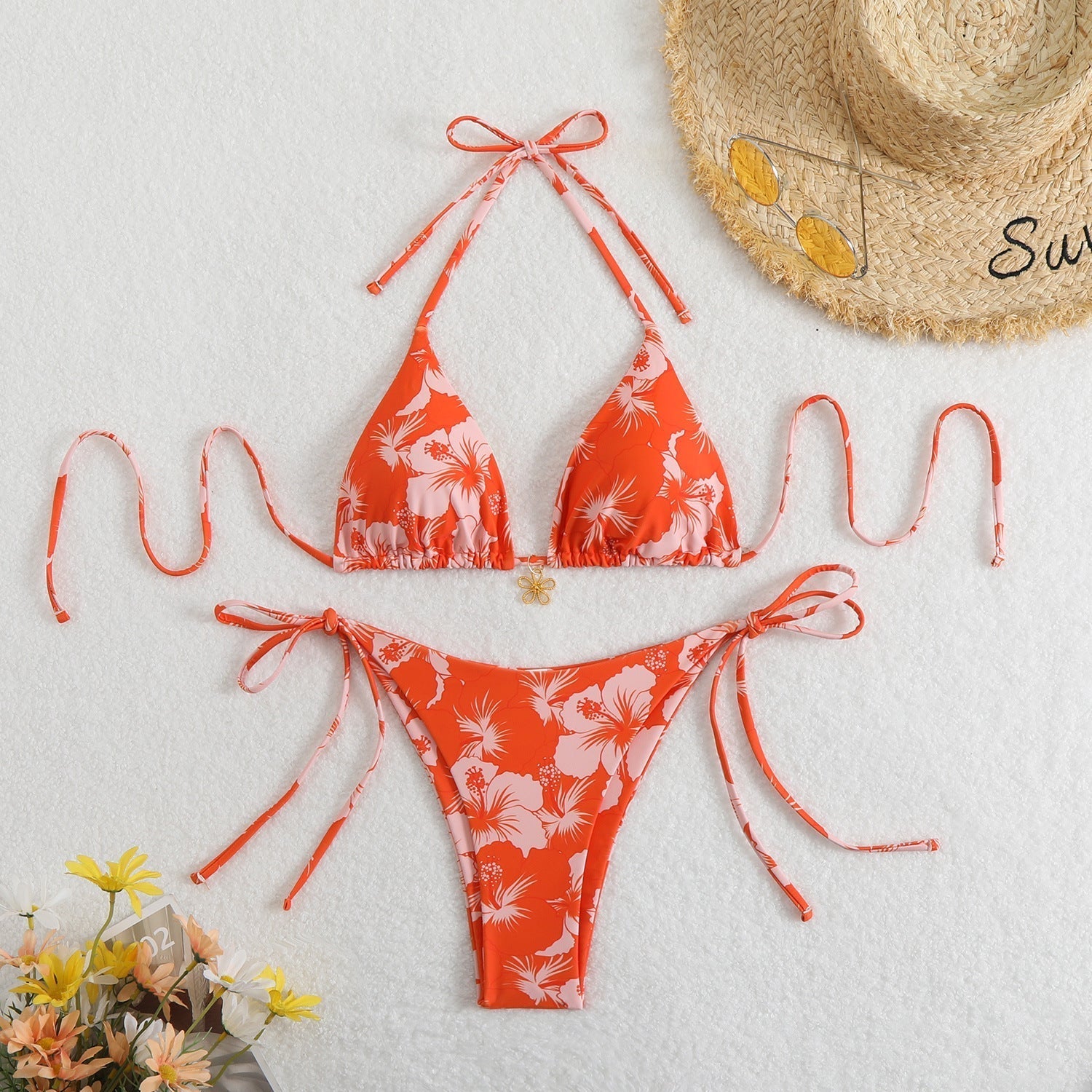 Valenzora | Damen Triangel-Bikini-Set mit verspieltem Blumenmuster und Bindebändern