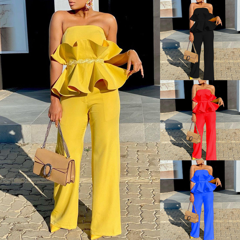 Damen-Jumpsuit mit voluminösen Rüschen und schulterfreiem Oberteil, Größe