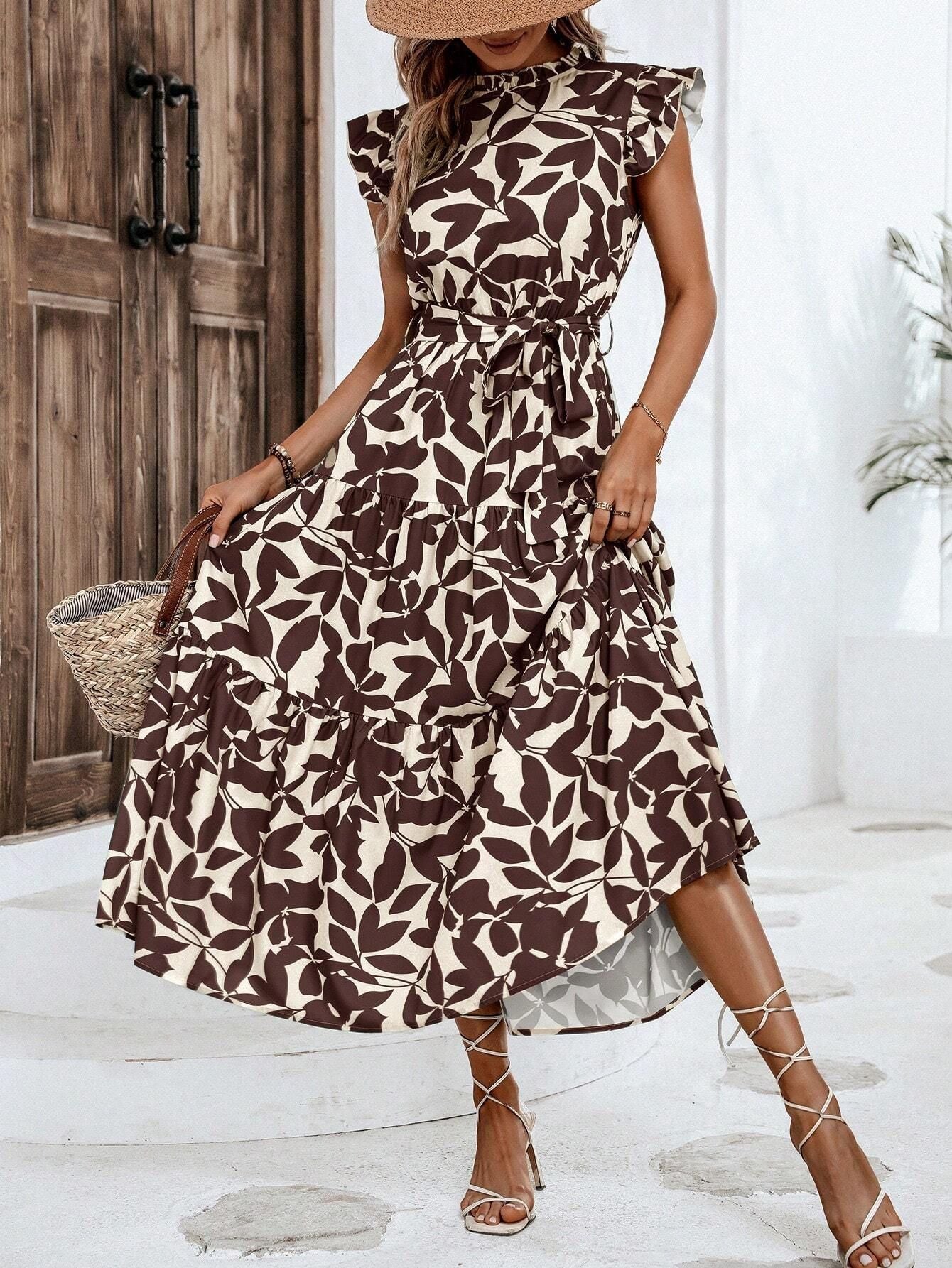 Damen lässiges Midikleid mit Rüschen und Blumenmuster, Größe