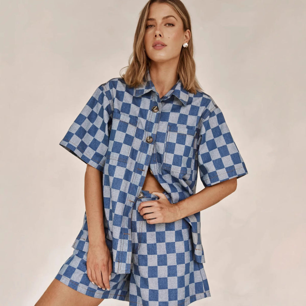 Women's Checkered Denim Shirt Set, Size