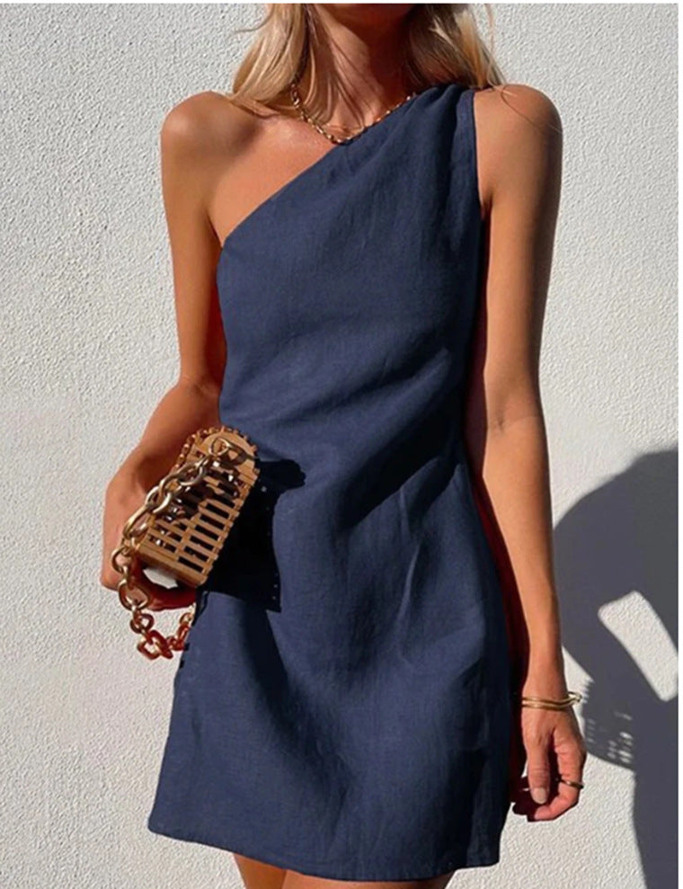 Valenzora | Solid color slim fit one-shoulder commuter dress