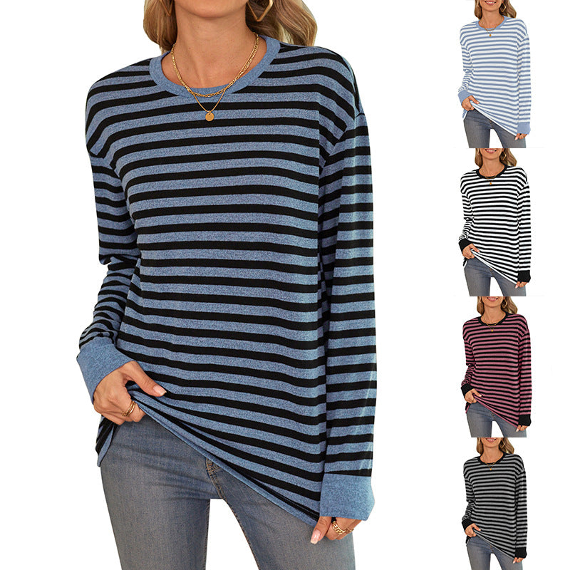 Bequemes Damen-Langarmshirt im Streifen-Design mit Rundhalsausschnitt, Größe