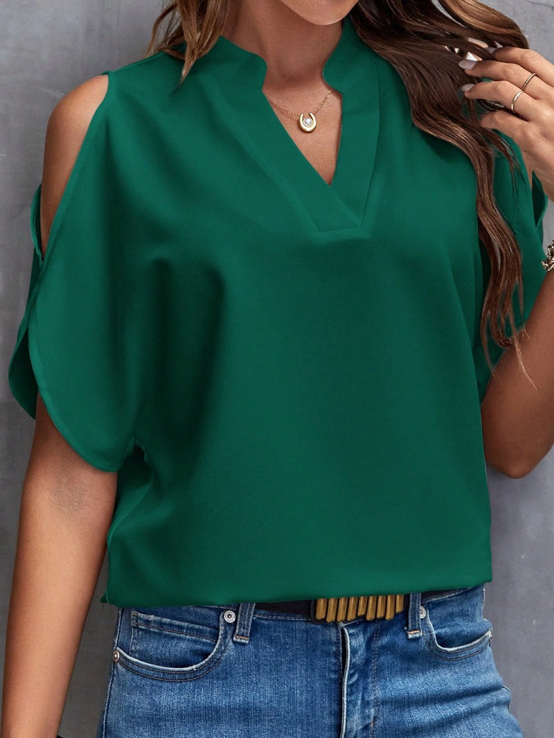 Women's blouse shirt with cut-out sleeves and fashionable stand-up collar, size