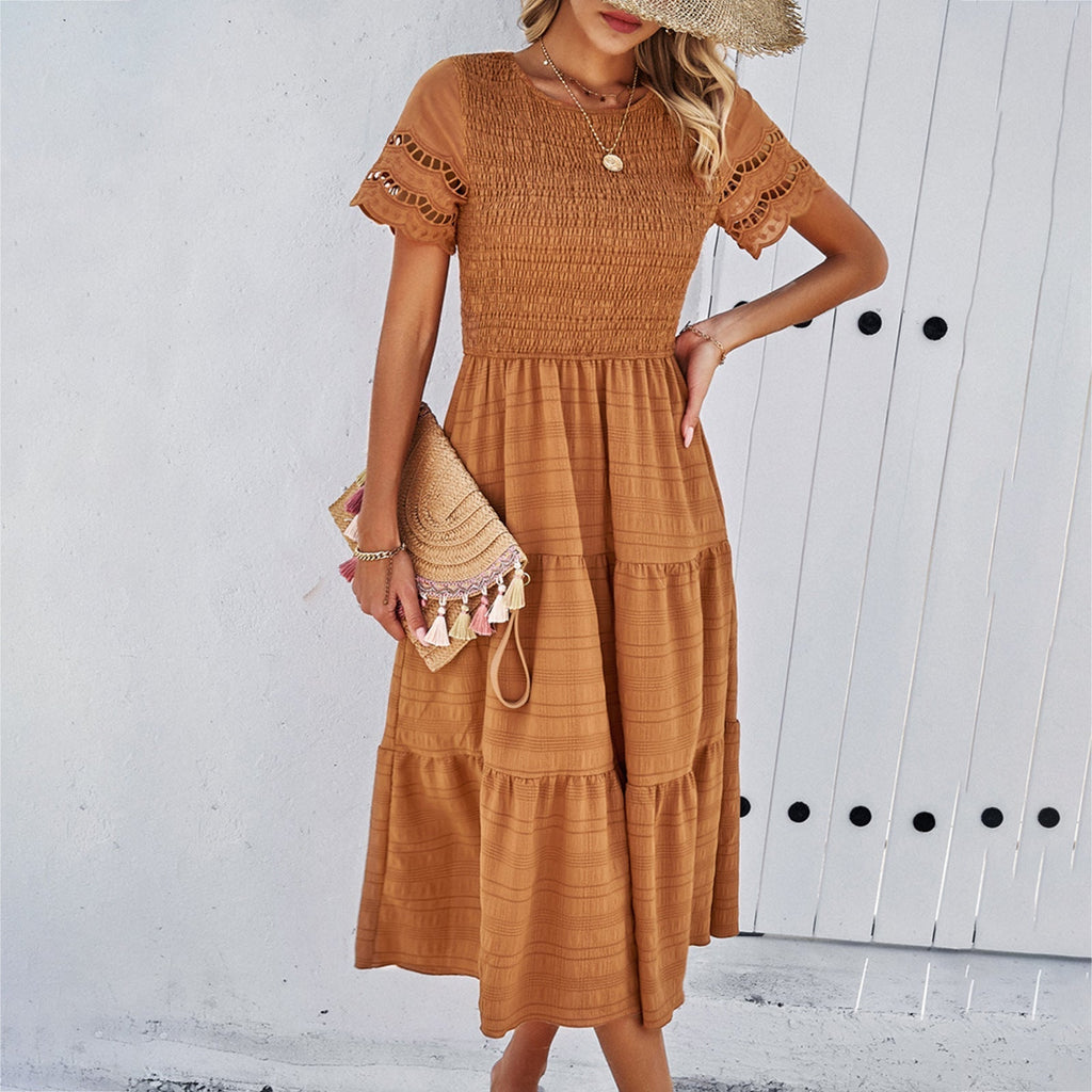 Damen Midikleid mit Puffärmeln und elastischem Oberteil, Größe
