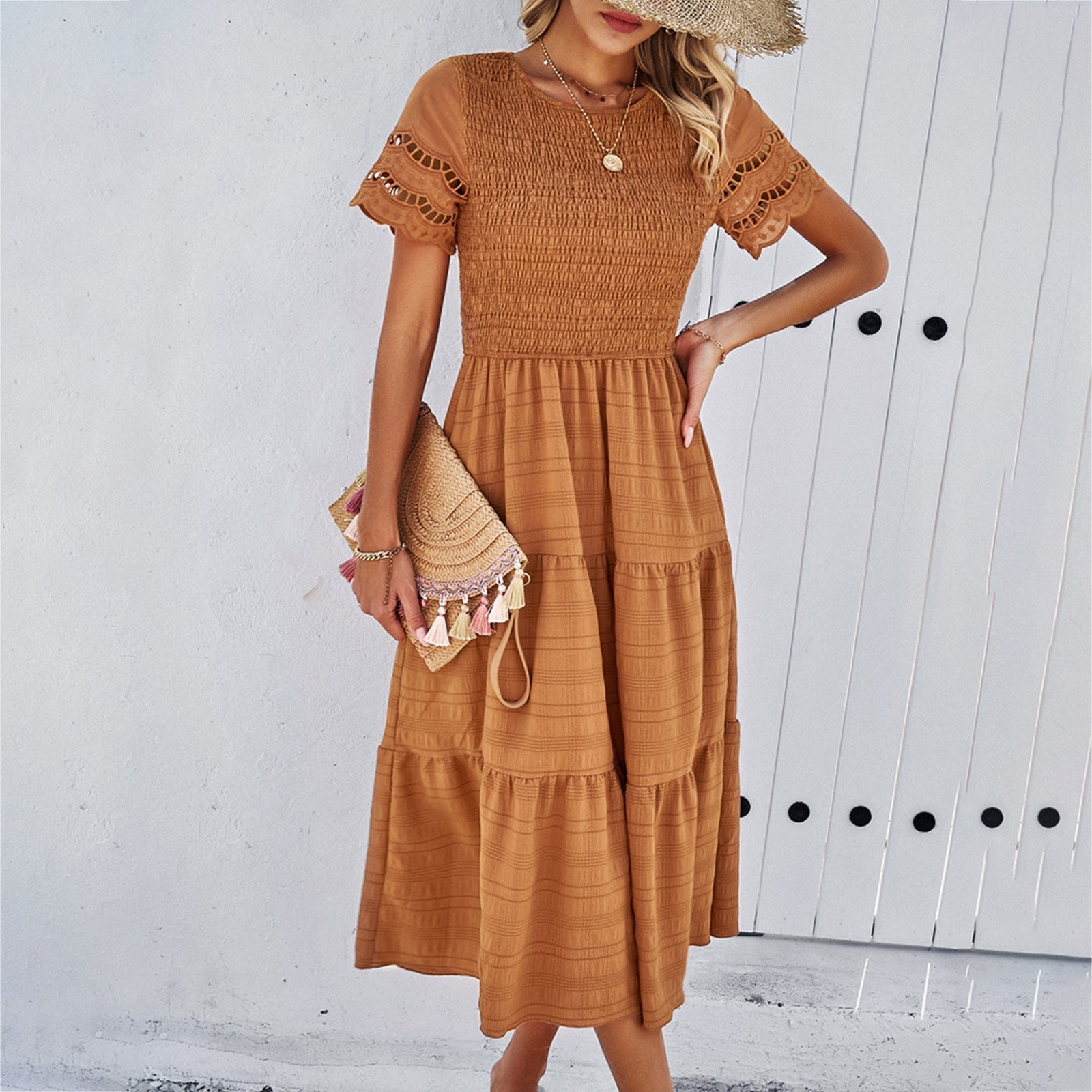 Damen Midikleid mit Puffärmeln und elastischem Oberteil, Größe