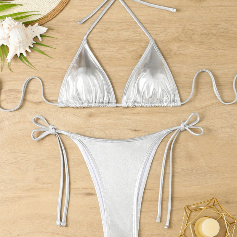 Damen-Triangel-Bikini mit glitzerndem Metallic-Finish und verstellbaren Trägern, Größe [size]