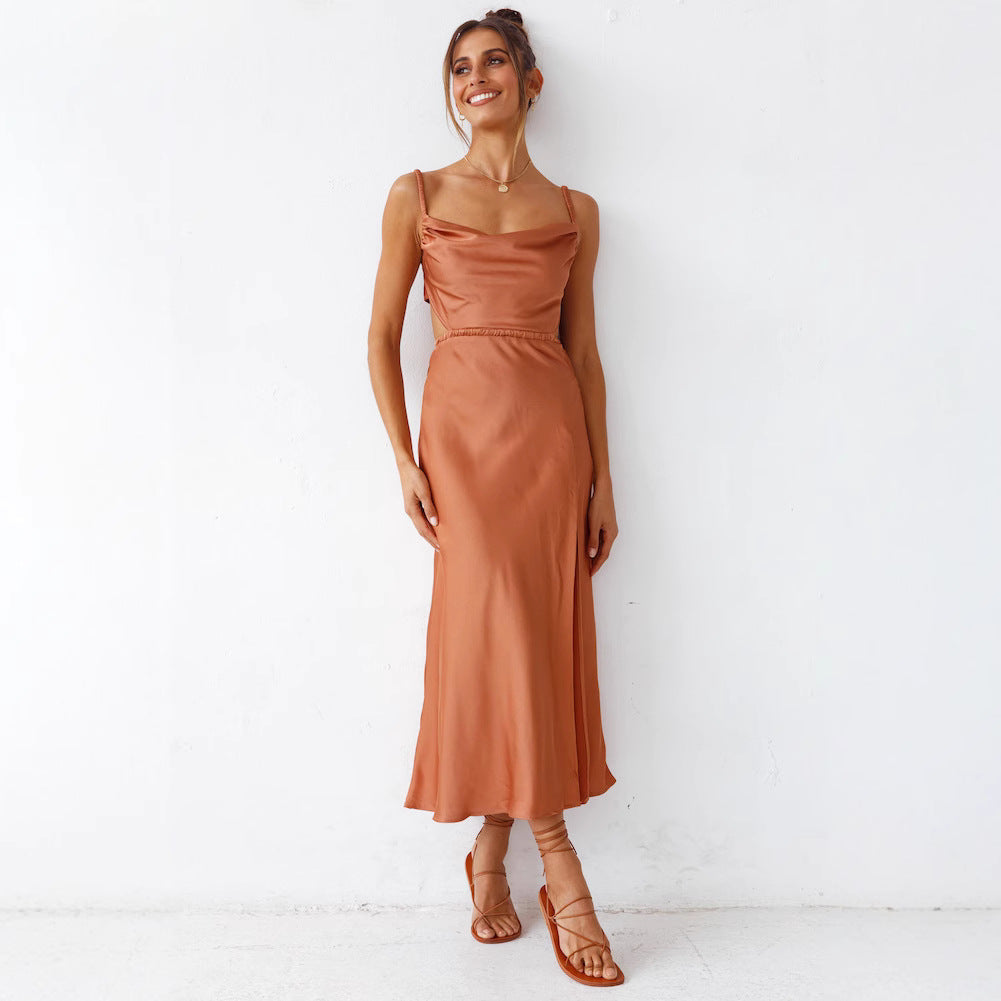 Women's satin midi dress with sophisticated ruffle details and elegant comfort, size S