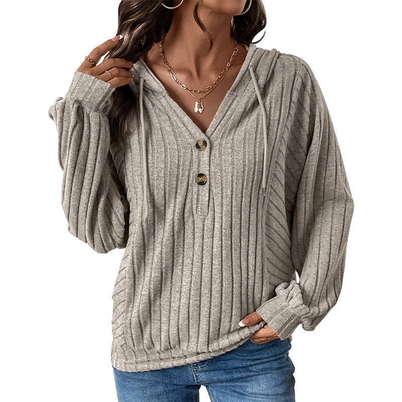 Women's hooded sweater with structured rib design and elegant button details, size S
