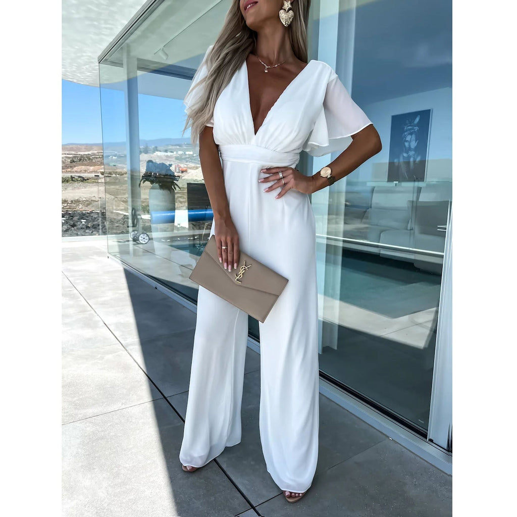 Valenzora | Spring Summer V-Neck Casual Short Sleeve Dress Loose Holiday Wide Leg One-Piece Women's