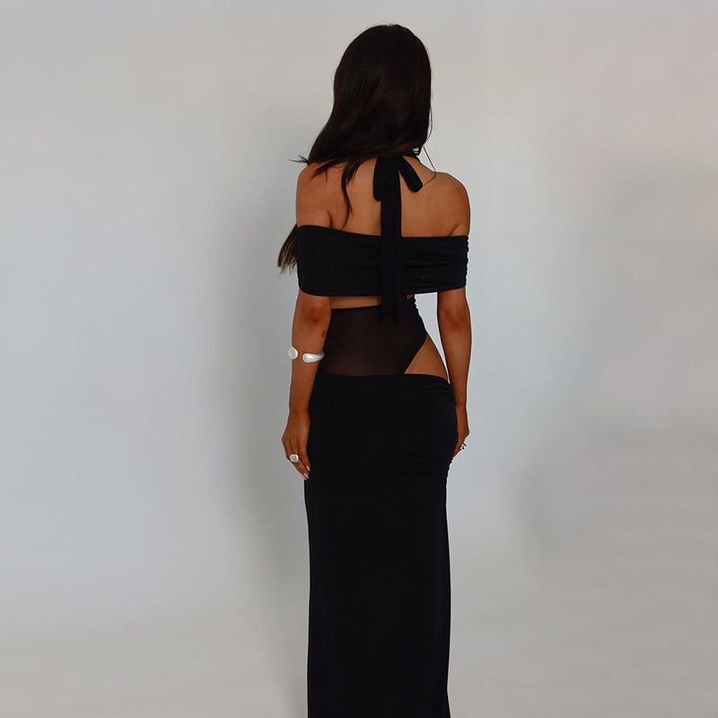 Damen-Cocktailkleid mit schulterfreiem Design und raffiniertem Netzeinsatz, Größe S