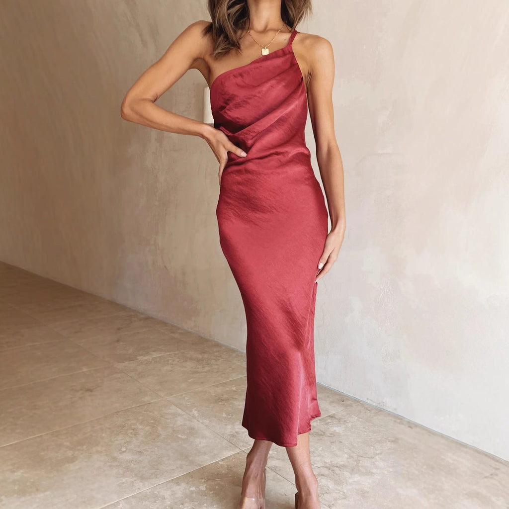 Women's elegant and flowing evening dress with asymmetrical neckline, size S