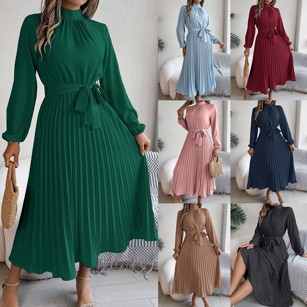 Valenzora | Elegant stand-up collar tailored pleated long skirt little dress