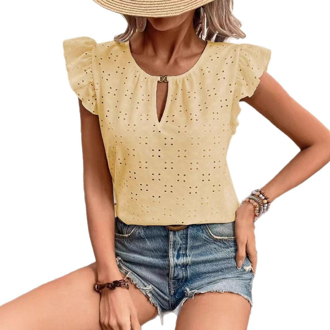 Women's blouse with ruffle details and eyelet embroidery, size