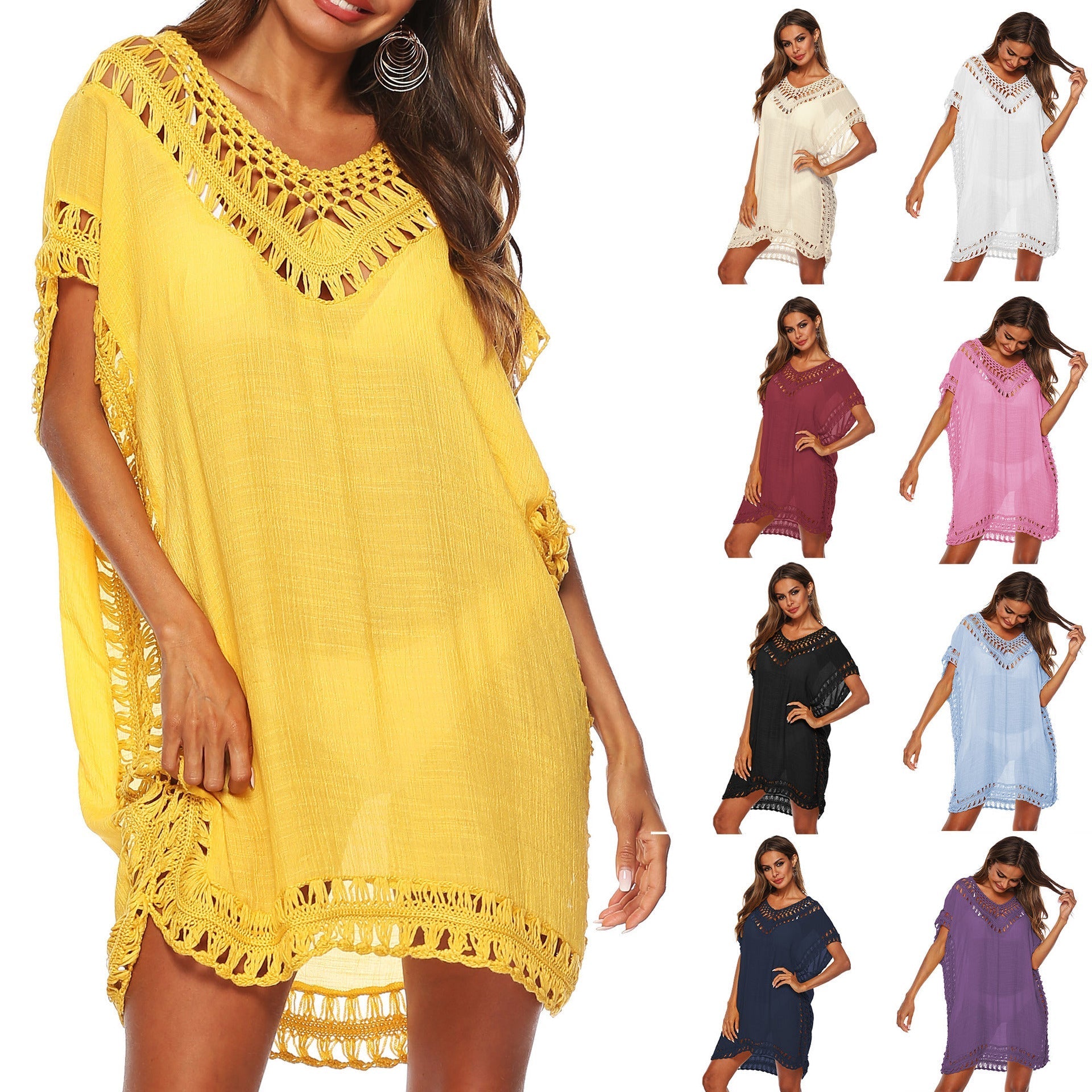 Women's beach tunic with artistic crochet embellishments, size Valenzora