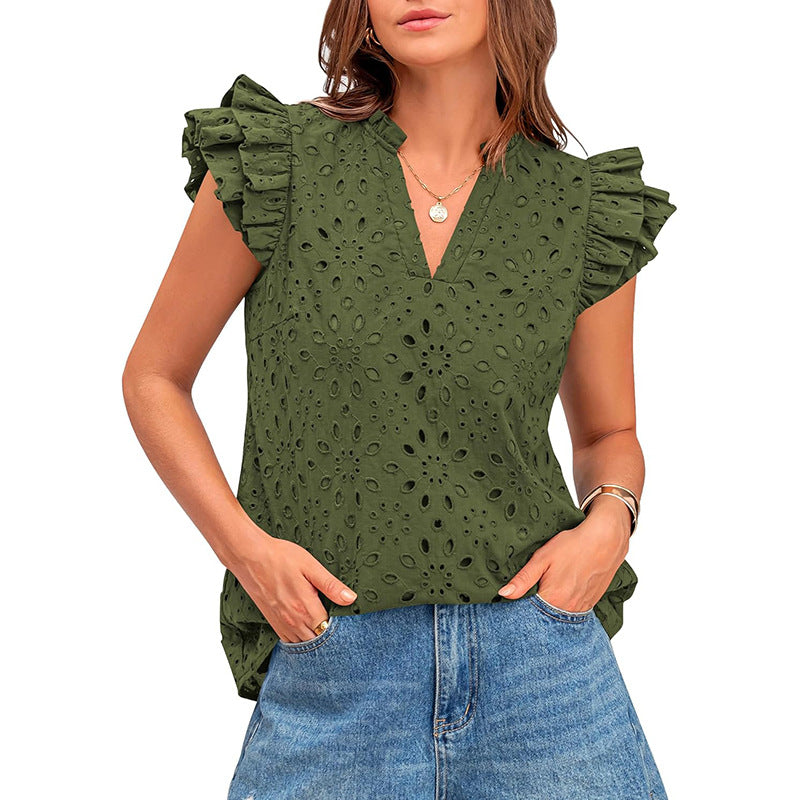 Damenbluse mit Rüschenärmeln und floralem Lochmuster, Größe