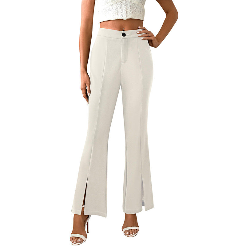 Women's elegant flared trousers with side slits and high waist, size