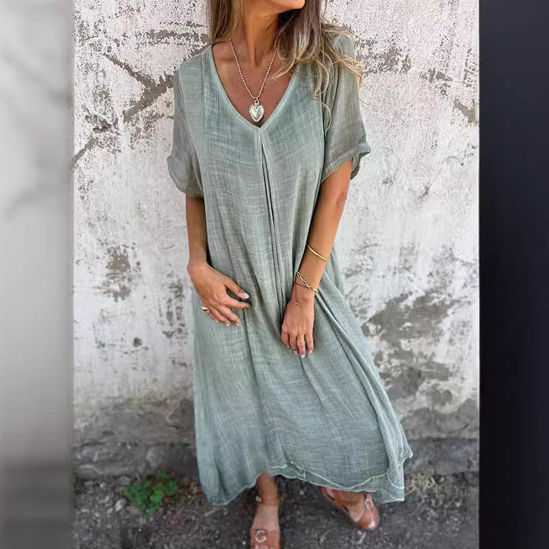 Women's casual midi dress with V-neck and wide flared sleeves, size