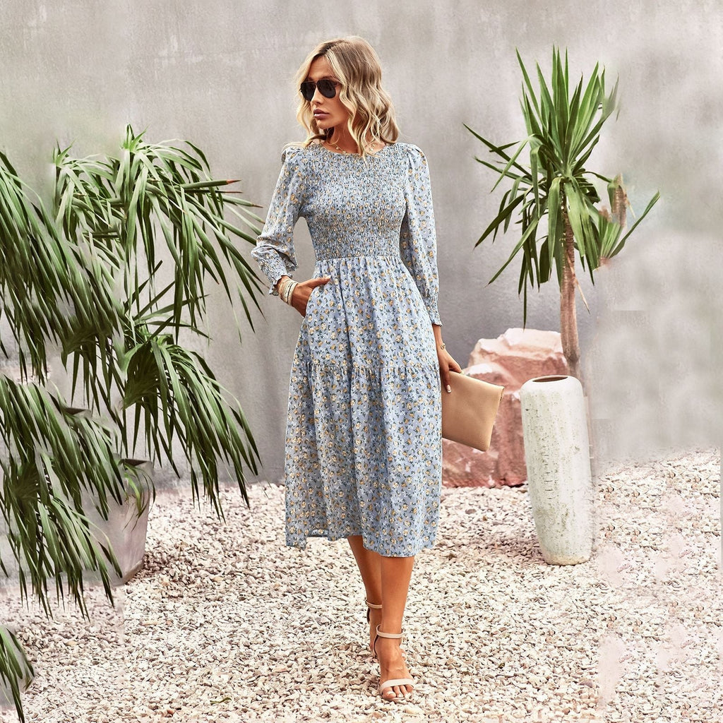 Women's floral midi dress with gathered waist and long sleeves, size
