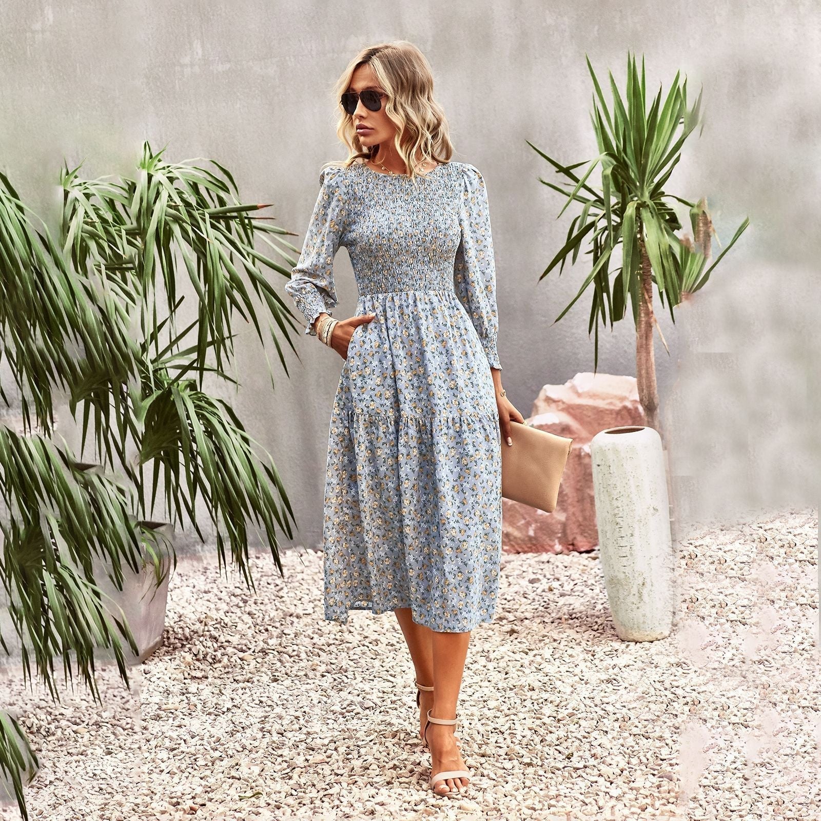 Women's floral midi dress with gathered waist and long sleeves, size