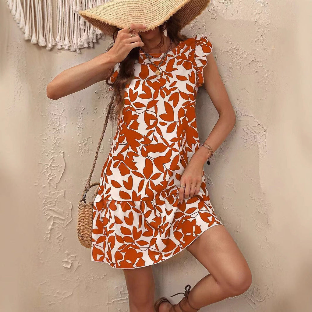 Women's summer dress with ruffle details and floral pattern, size