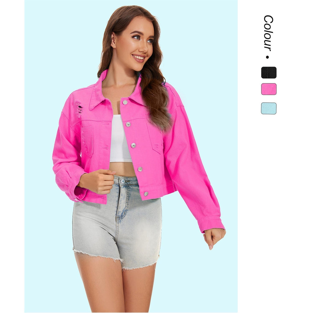 Women's denim jacket in a casual crop style with fringed details, size Valenzora
