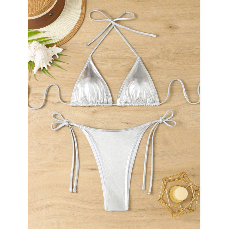 Damen-Triangel-Bikini mit glitzerndem Metallic-Finish und verstellbaren Trägern, Größe [size]