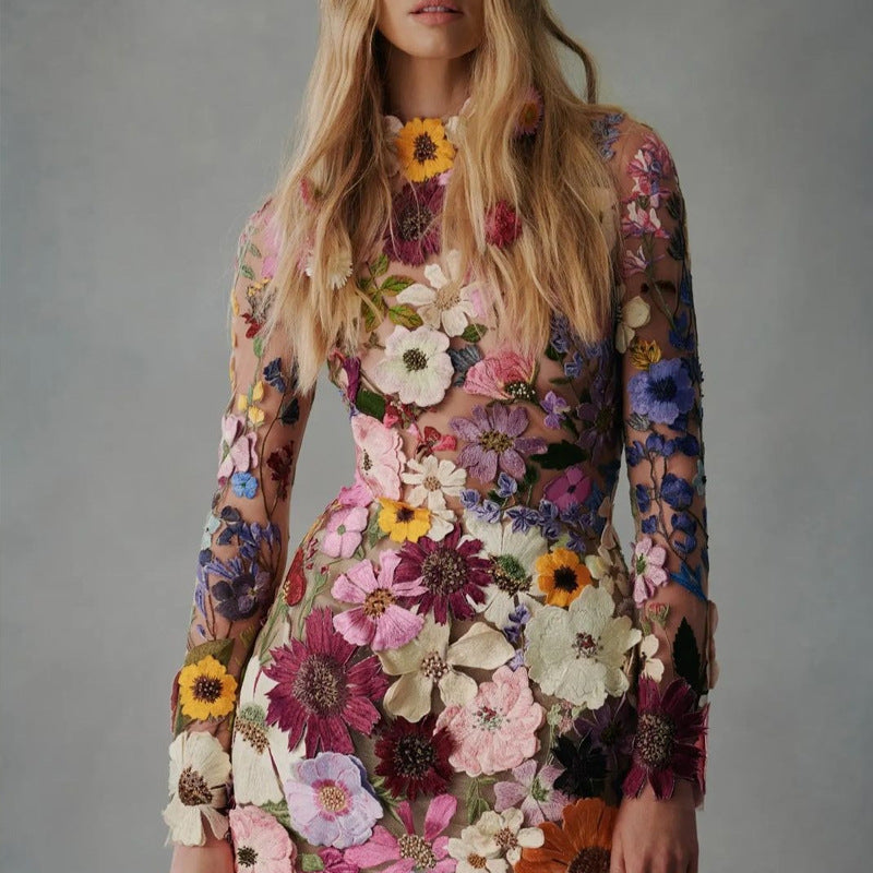 Women's floral embroidered mini dress with sheer sleeves, size