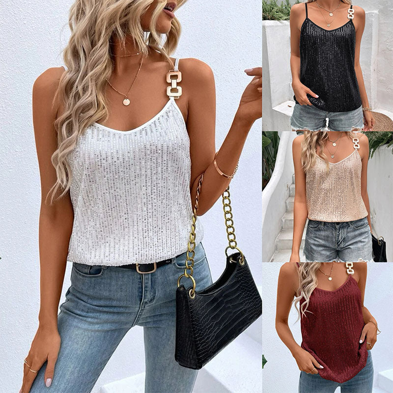 Women's spaghetti strap top with decorative metal accents, size