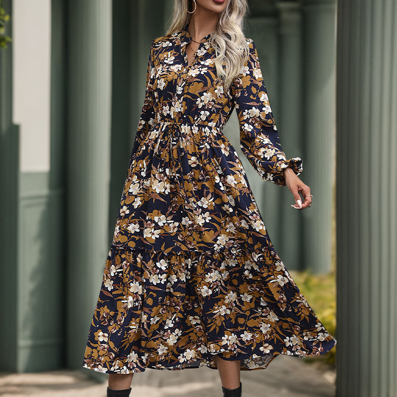 Damen-Midikleid mit Blumenmuster und eleganter Taille, Größe S