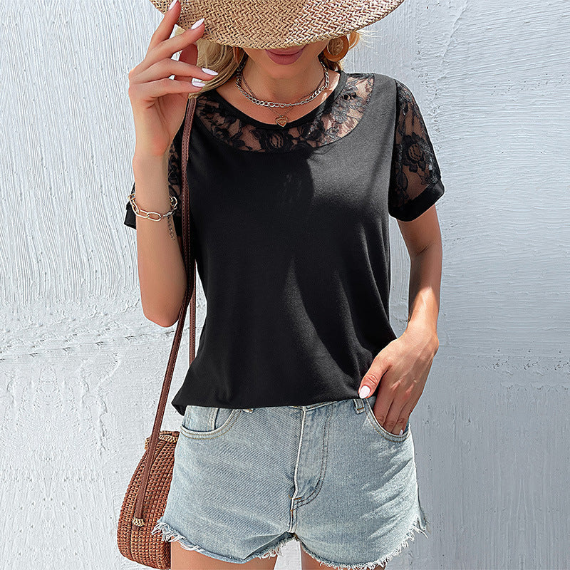 Women's T-shirt with elegant lace sleeves and a relaxed fit, size S