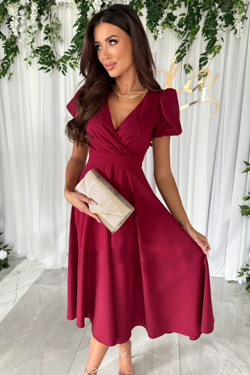Valenzora | Stylish Commuting Solid Color V-Neck Puff Sleeve Dress