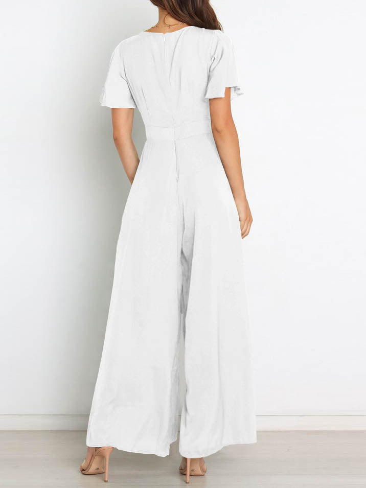 Valenzora | Short-sleeved wide-leg casual V-neck jumpsuit