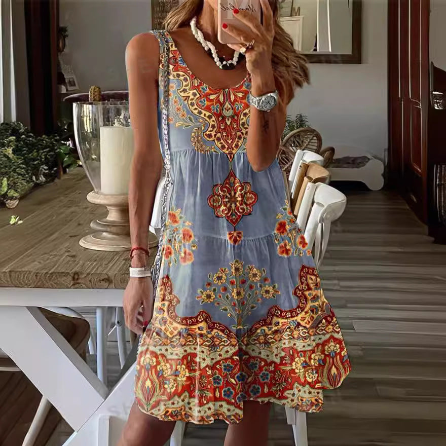 Damen Sommer Tunikakleid mit Blumenmuster und fließendem Rock, Größe S