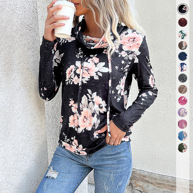 Women's hooded sweatshirt with floral pattern and modern roll neck, size