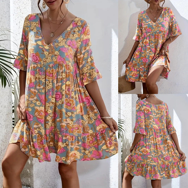 Damen Freizeitkleid mit V-Ausschnitt und fließendem Schnitt Drune