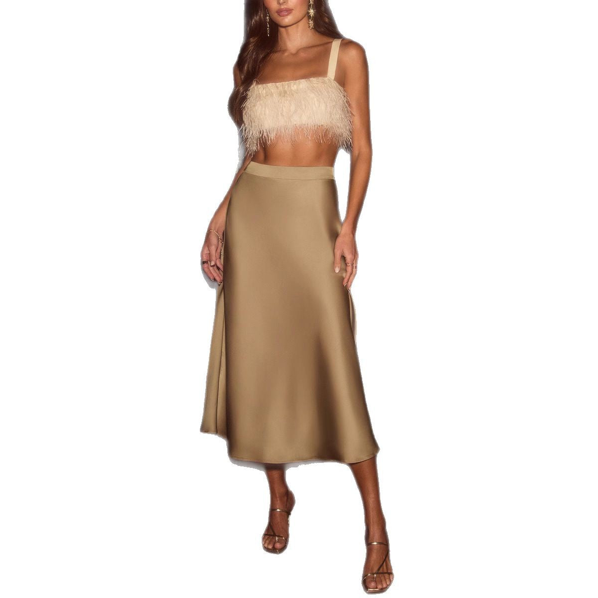 Damen Satin-Midirock, fließend, mit elastischem Bund, Größe