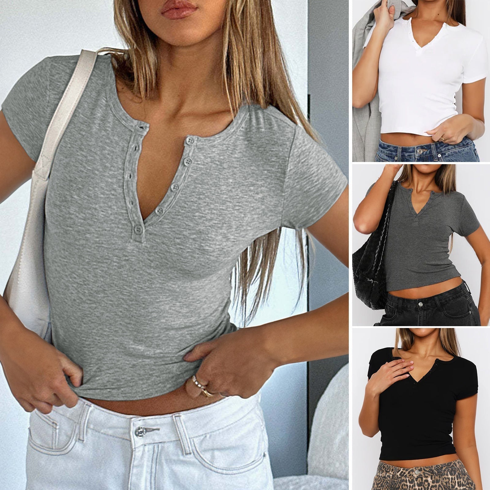Women's figure-hugging cropped T-shirt with short sleeves and button placket, size [size missing]
