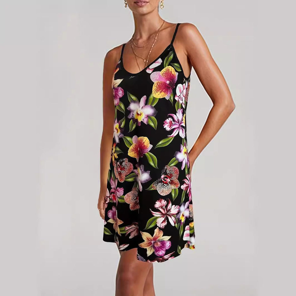 Women's summer dress with floral print and adjustable straps, size
