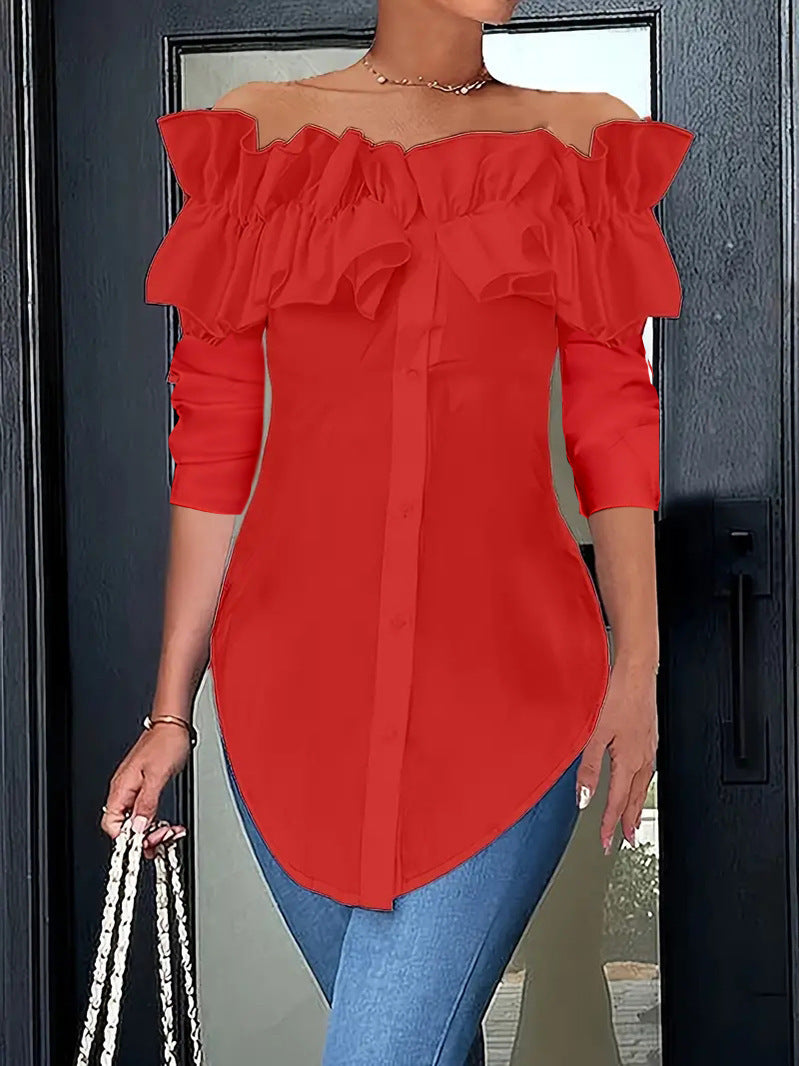 Women's blouse with off-the-shoulder design and voluminous ruffle details, size [size missing]